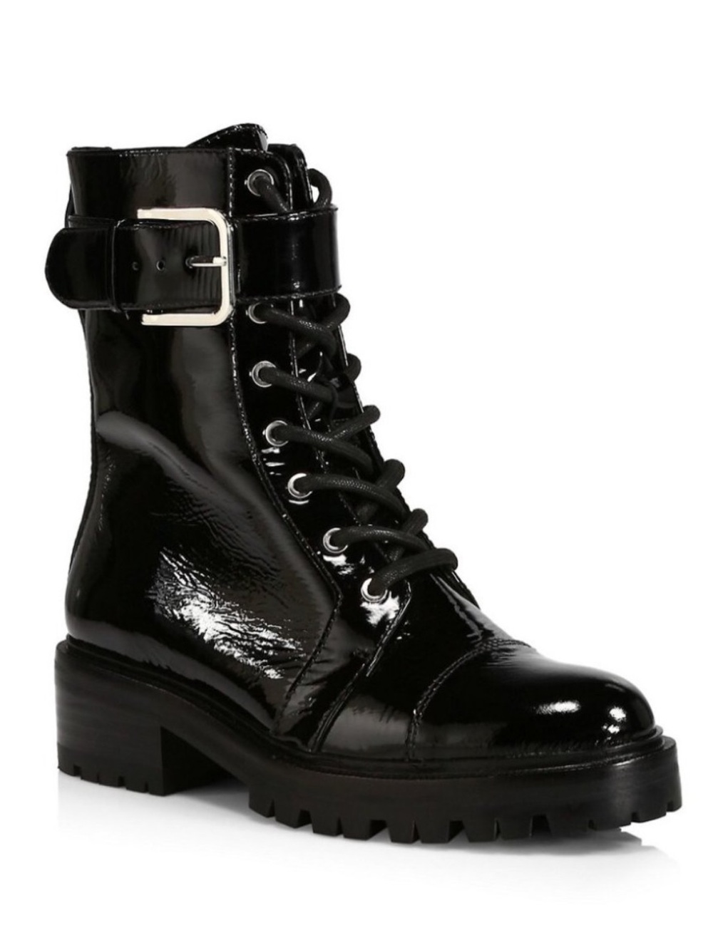 PAIGE Bailey Black Patent Lace-Up Combat Boot with Buckle Strap 8.5